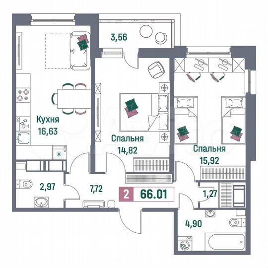 2-к. квартира, 66 м², 12/16 эт.