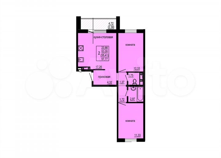 2-к. квартира, 55,4 м², 7/10 эт.