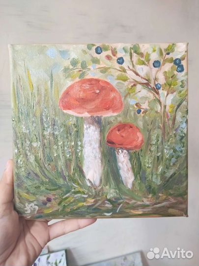 Картина лес грибы Подосиновики масло 20х20