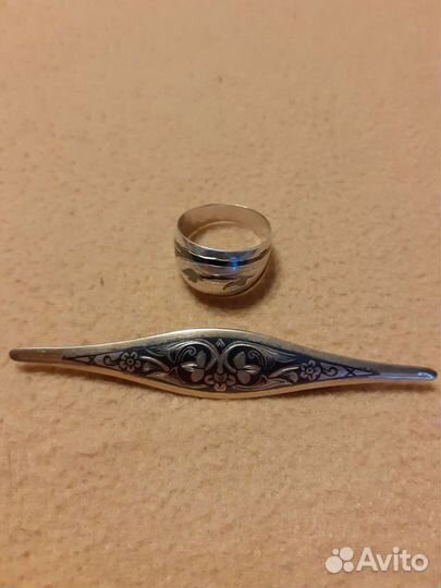 Брошь, кольцо, серебро 875, северная чернь, кубачи
