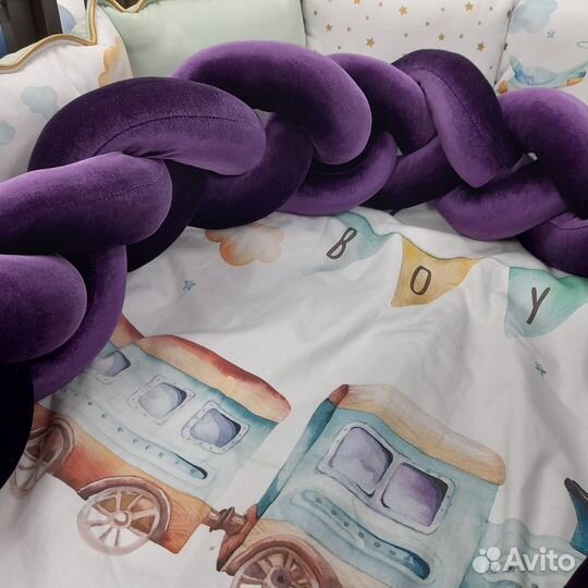 Бортики в детскую кроватку коса цвет фиолетовый