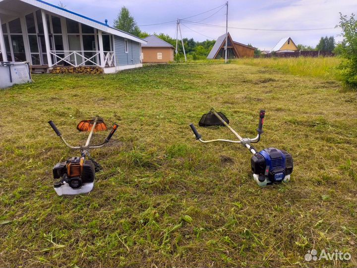 Покос травы тримерром и мотоблоком
