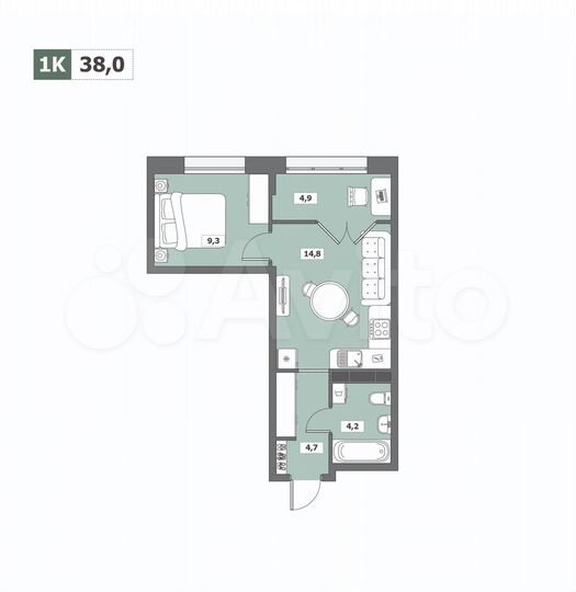 1-к. квартира, 38 м², 9/15 эт.