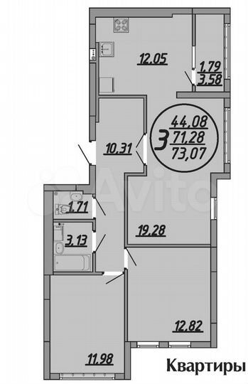 3-к. квартира, 73,1 м², 6/9 эт.