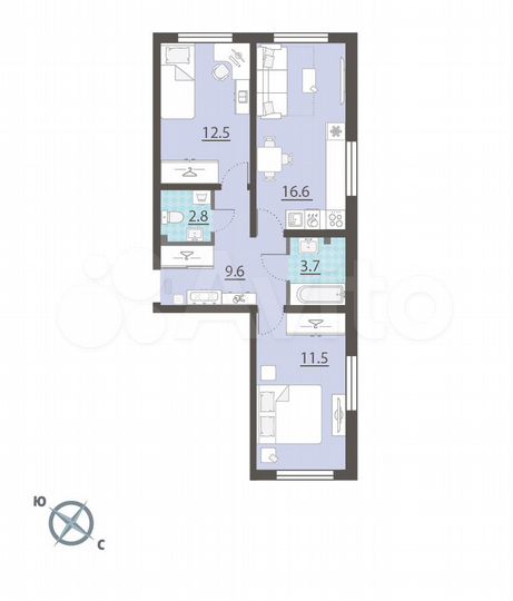 2-к. квартира, 56,7 м², 1/14 эт.
