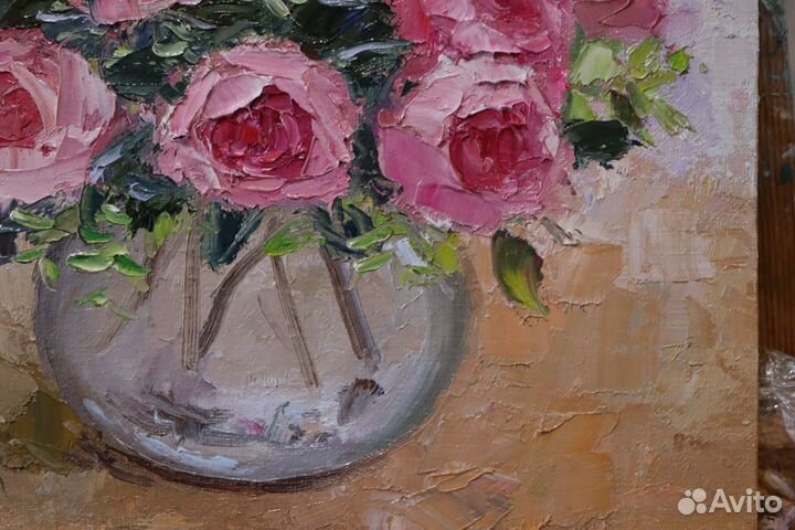 Картина маслом Цветы Розы 30X30 холст на двп