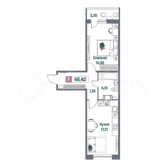 1-к. квартира, 45,4 м², 9/16 эт.
