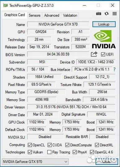 Видеокарта MSI nvidia GTX 970 4gb