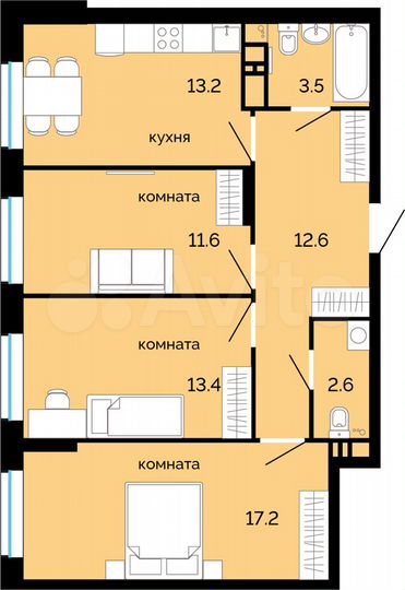 3-к. квартира, 74,1 м², 21/25 эт.
