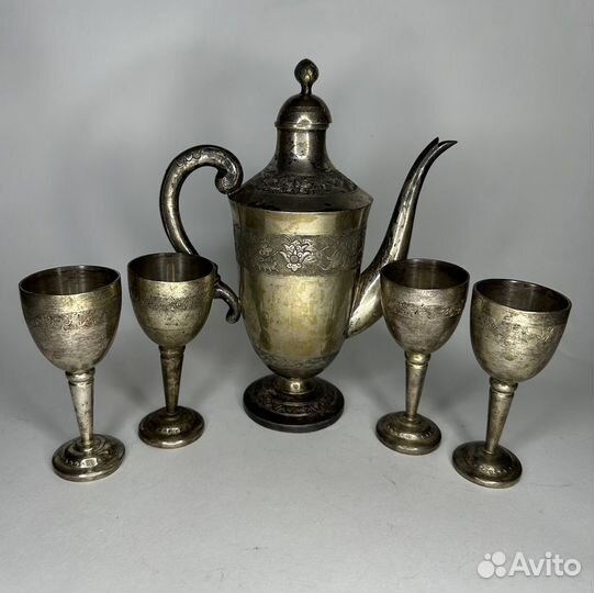 Старинный коньячный набор, латунь серебрение