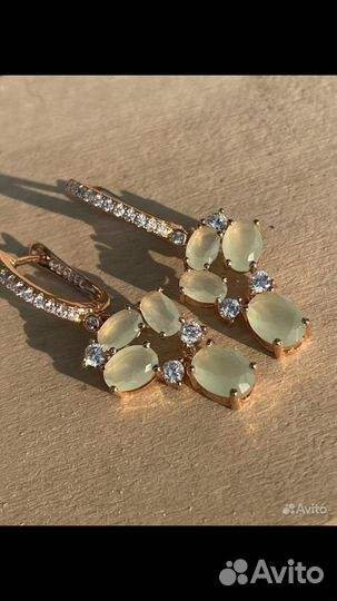 Серьги золото, пренит с фианитами