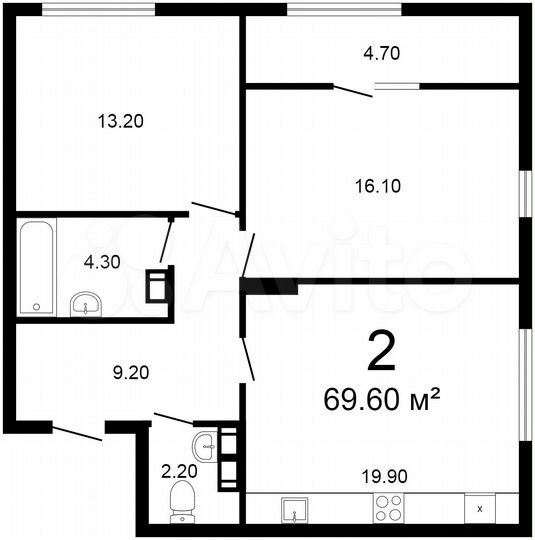 2-к. квартира, 70 м², 9/10 эт.