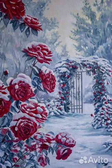 Картина маслом зимний пейзаж Розы в снегу
