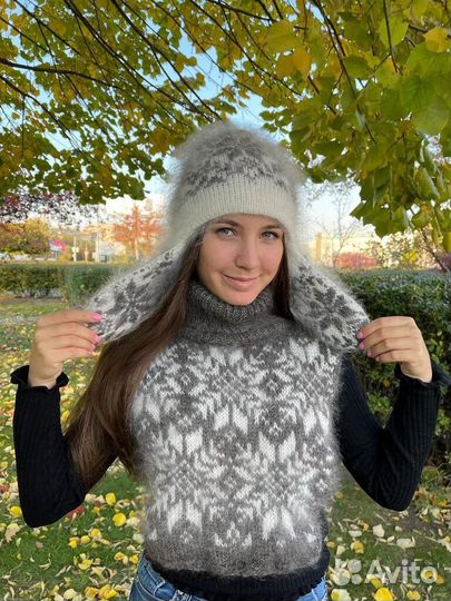 Шапка ушанка пуховая двойная вязаная Козий пух