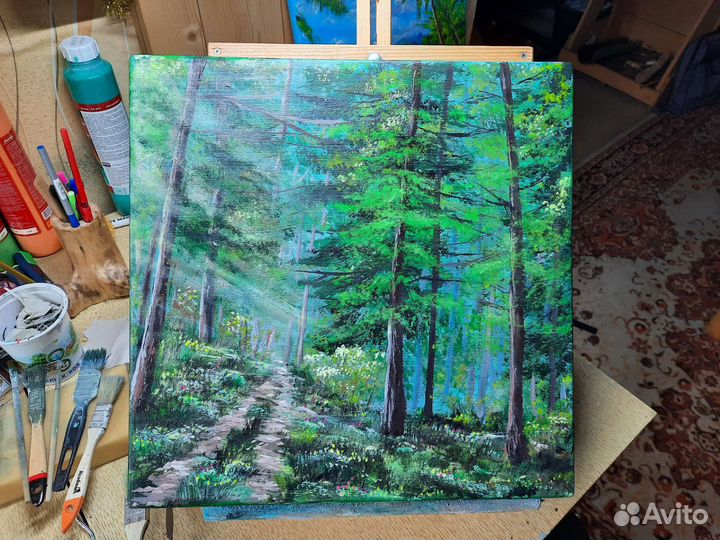 Картина с лесом, рассвет в лесу