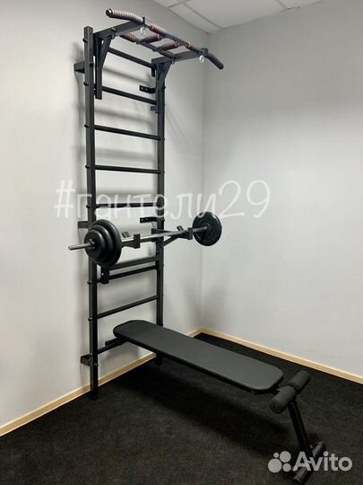 Шведская стенка со скамьей, упорами и штангой