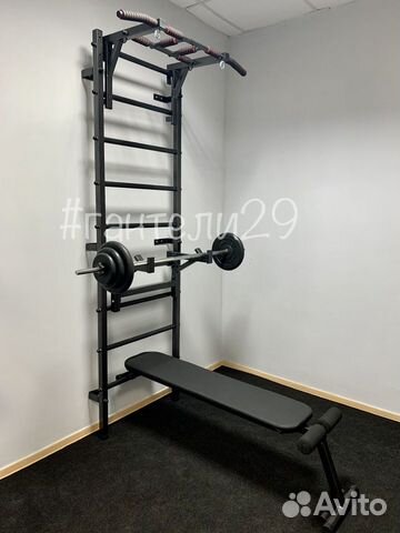 Шведская стенка со скамьей, упорами и штангой