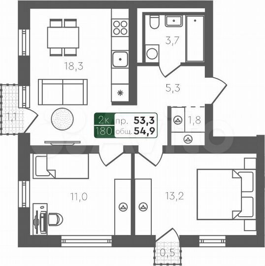 2-к. квартира, 54,9 м², 4/5 эт.