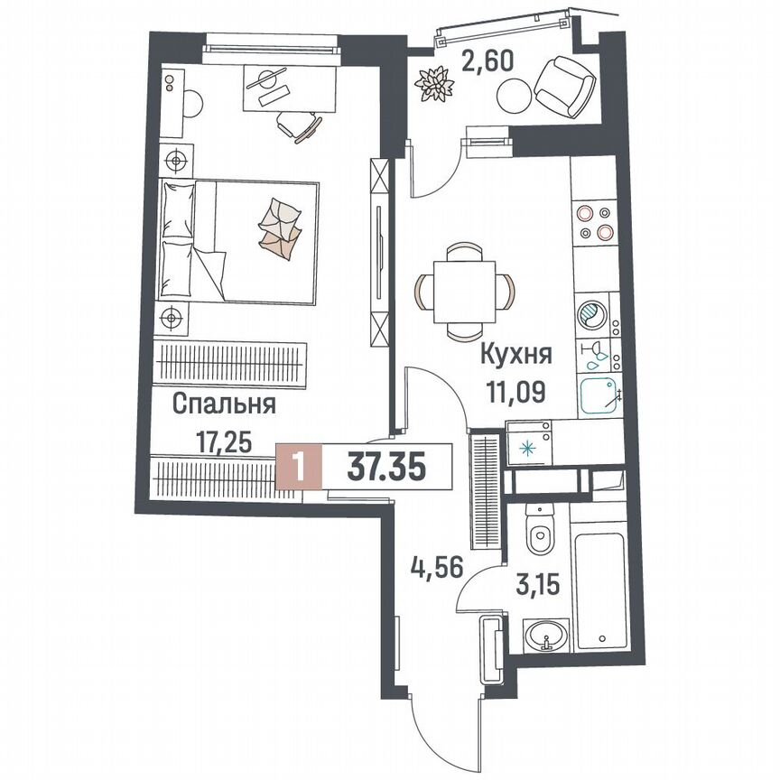 1-к. квартира, 37,4 м², 11/18 эт.