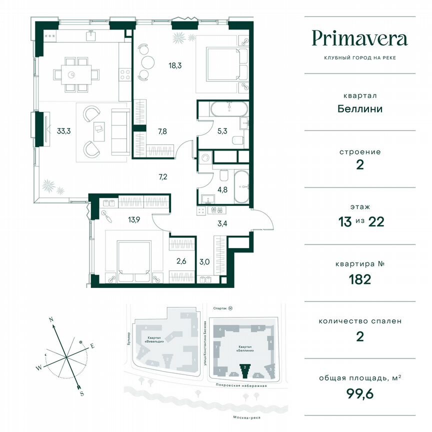 2-к. квартира, 99,6 м², 13/22 эт.