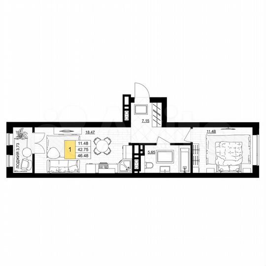 1-к. квартира, 46,5 м², 5/7 эт.
