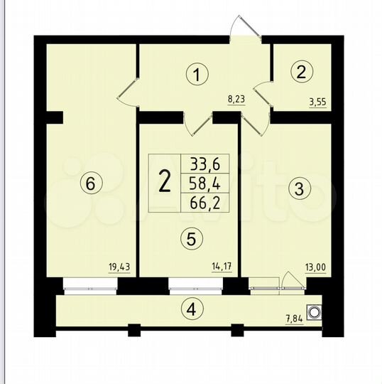 2-к. квартира, 66,2 м², 2/5 эт.