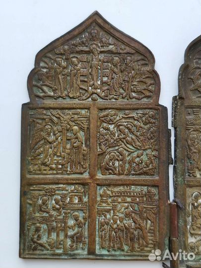 Икона Складень старинная медная латунная пластика