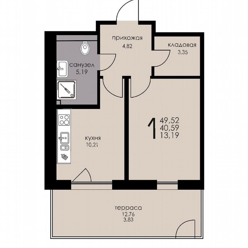 1-к. апартаменты, 41,2 м², 1/6 эт.