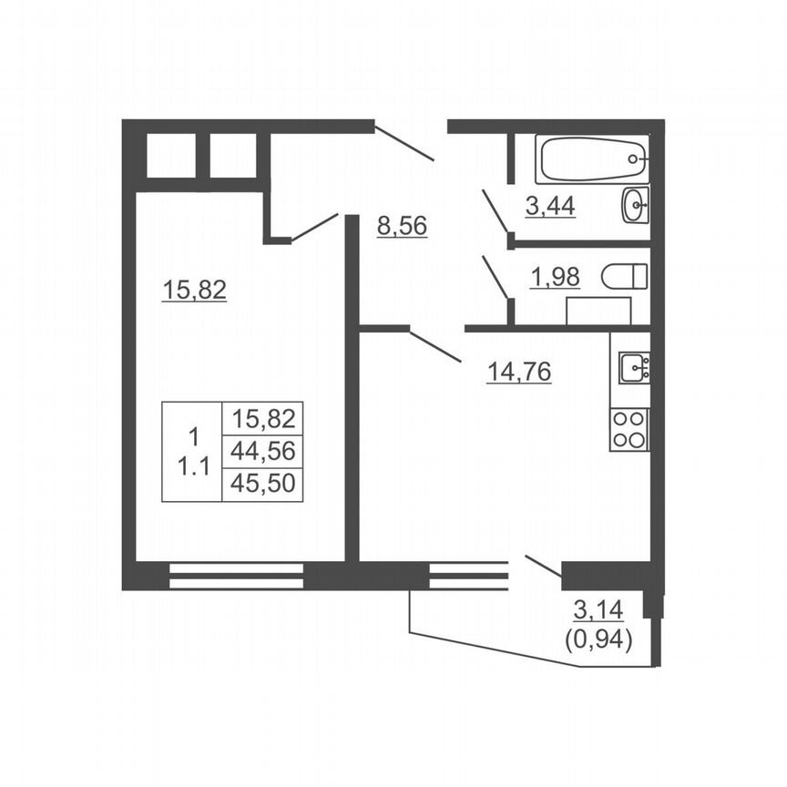 1-к. квартира, 45,5 м², 16/16 эт.