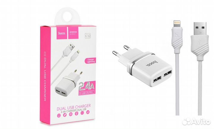 Зарядное устройство hoco C12 2USB 2.4A + кабель