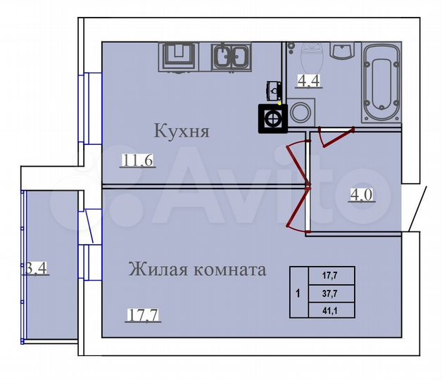 1-к. квартира, 41,1 м², 9/14 эт.