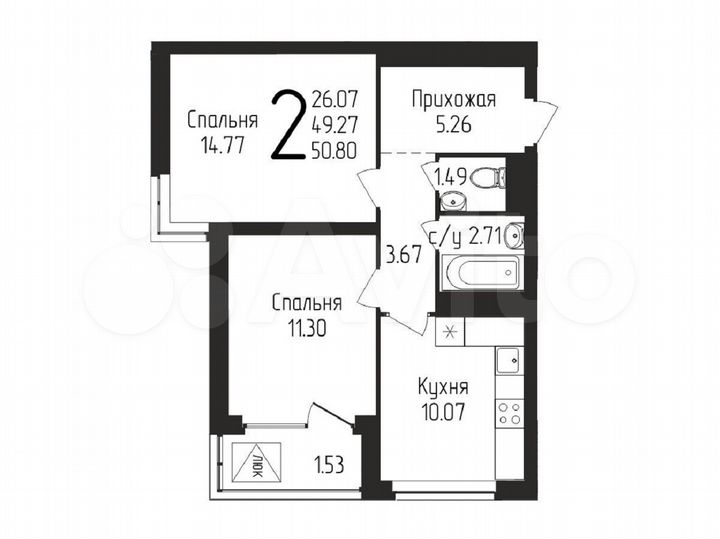 2-к. квартира, 50,8 м², 7/25 эт.