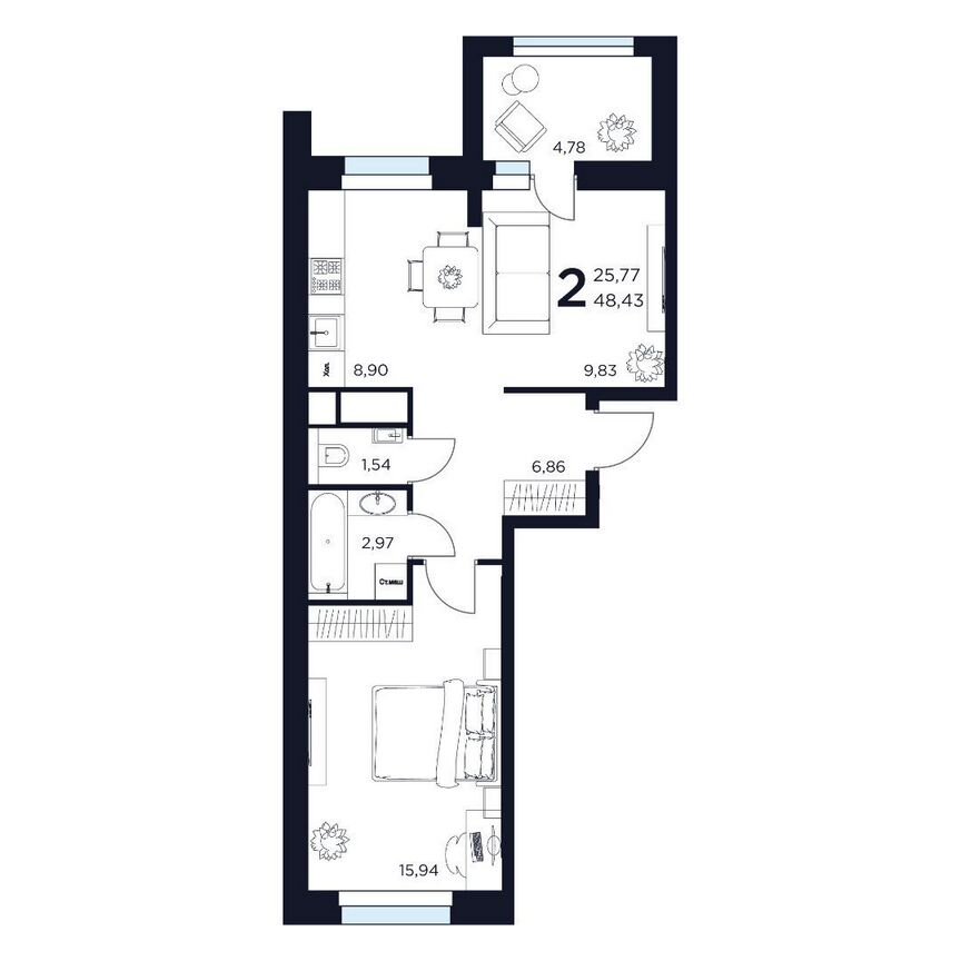 2-к. квартира, 48,4 м², 8/8 эт.