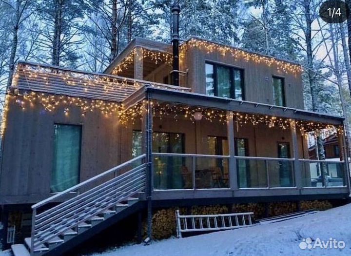 Украшение домов гирляндами, подсветка дома лентой