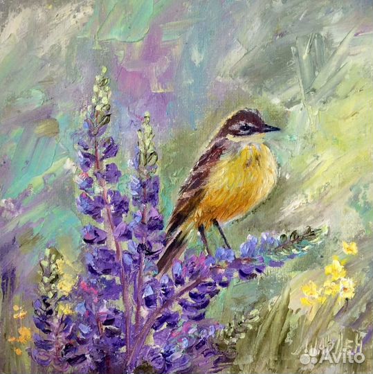 Картина маслом Люпины, пейзаж с цветами