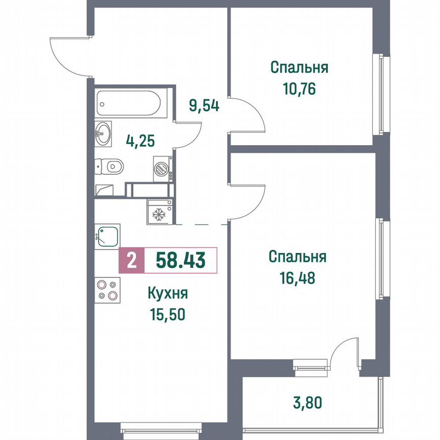 2-к. квартира, 58,4 м², 15/16 эт.