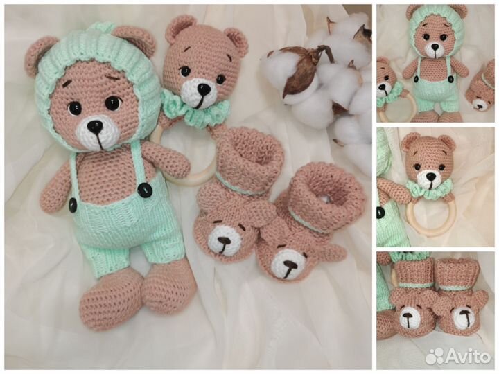 Вязаный набор игрушка погремушка пинетки ручная