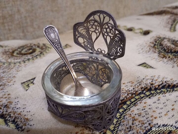 Мельхиоровая солонка скань + ложечка