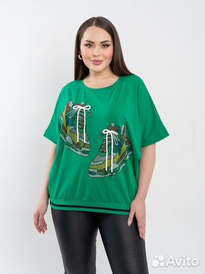 Футболка, принт, стразы, 6 расцветок, 52 до 64