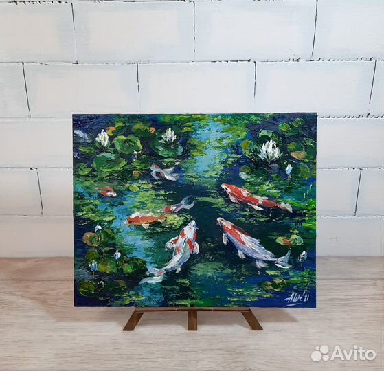 Картина пруд с рыбами Этюд Карпы Кои Лилии Пейзаж