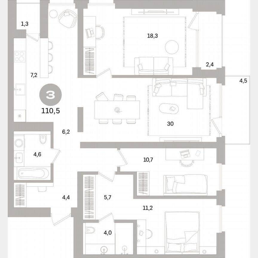 3-к. квартира, 110,1 м², 7/15 эт.