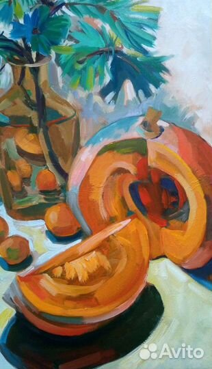 Картина маслом Натюрморт с тыквой,мандаринами и со