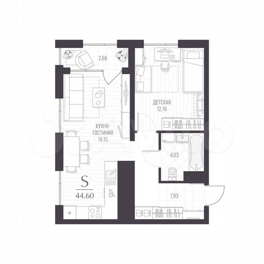 1-к. квартира, 44,6 м², 2/12 эт.
