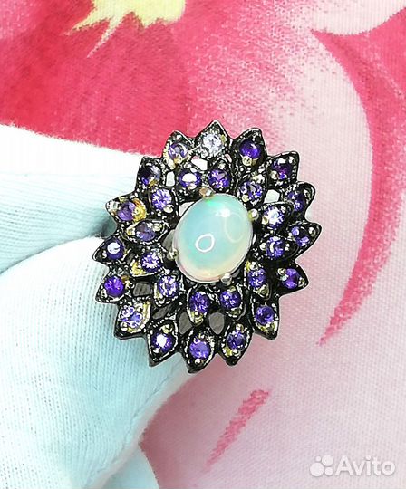 Кольцо серебро опал, аметист разм.17,0 К181