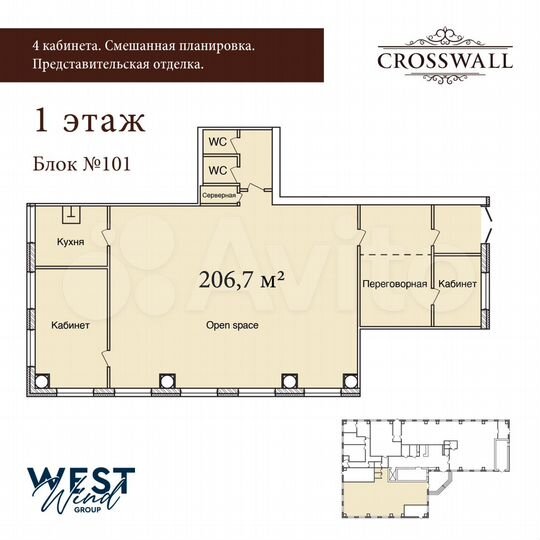 Офис с отд. входом в Б.Ц. класса В+, 206 м²