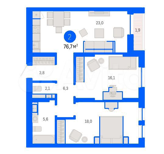 2-к. квартира, 76,7 м², 9/17 эт.