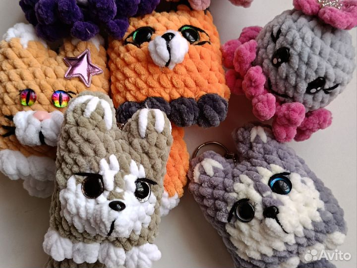 Брелки яркие, хаски, лисы, котики. Ручная работа