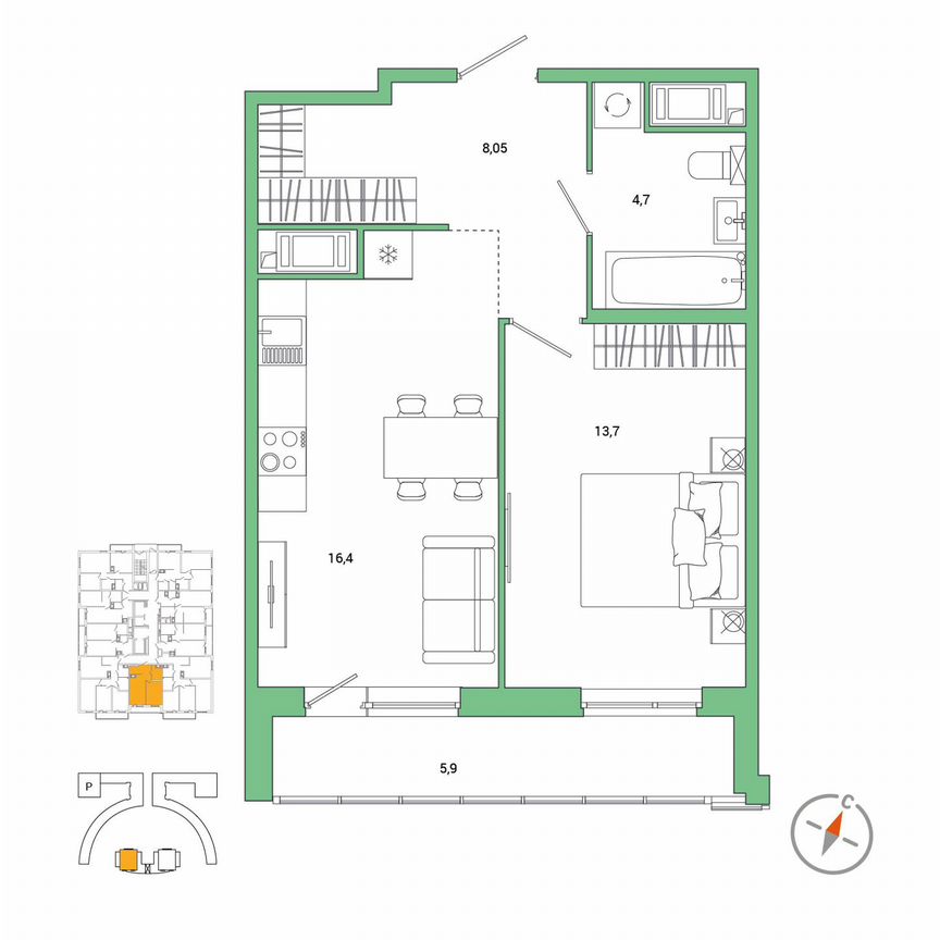 1-к. квартира, 45,8 м², 3/25 эт.