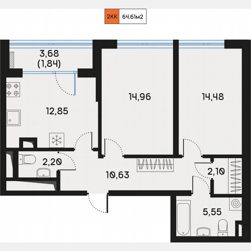 2-к. квартира, 65,1 м², 5/9 эт.