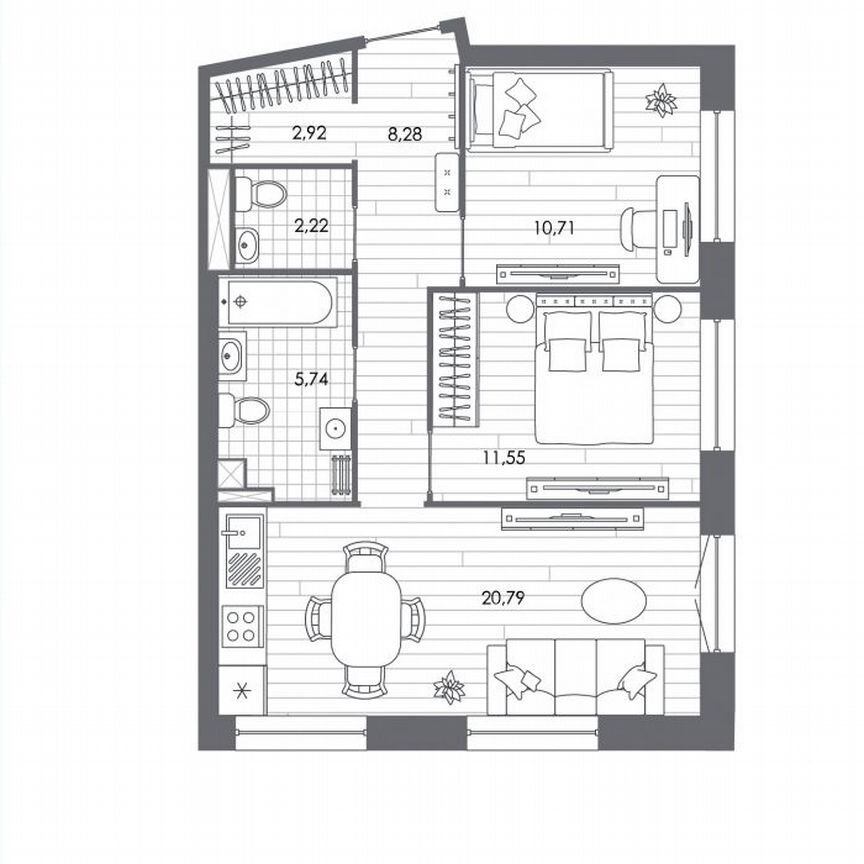 2-к. квартира, 62,2 м², 6/8 эт.